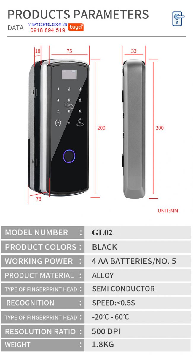 Khóa vân tay cho cửa kính Tuya Smart GL02