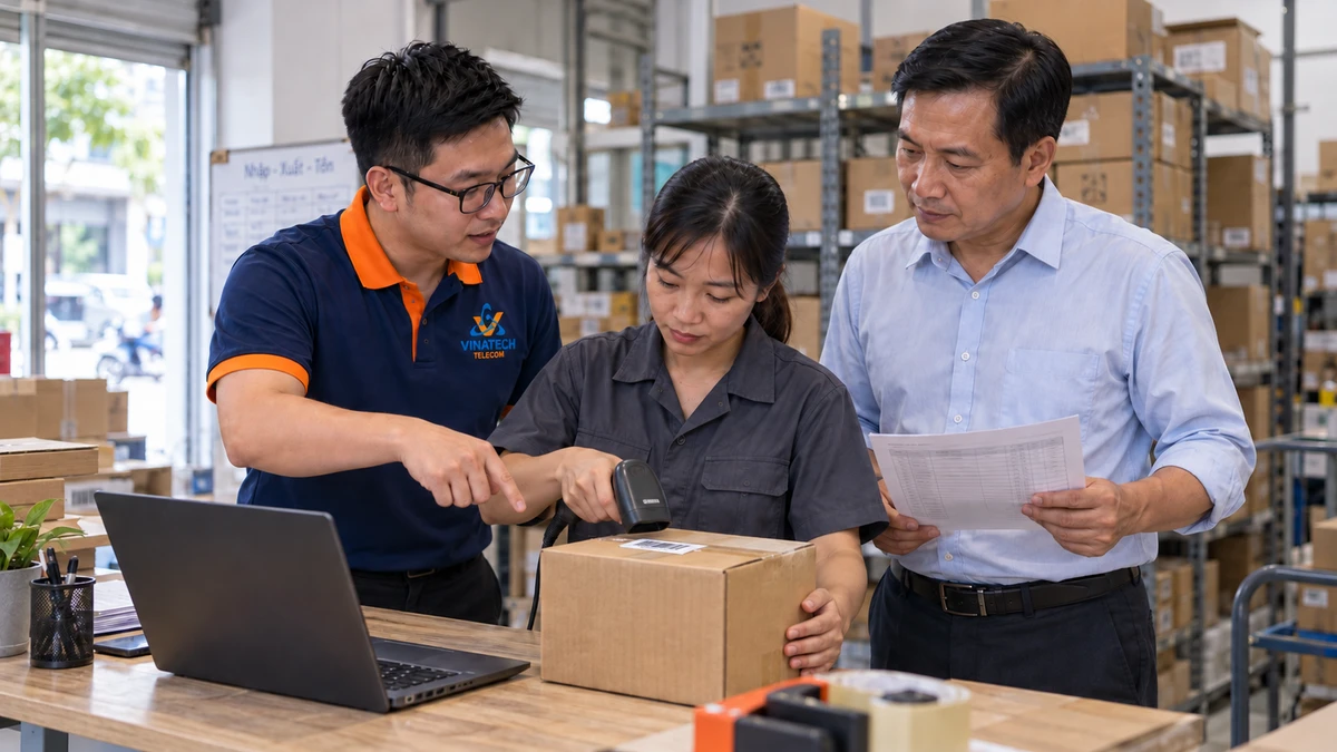 Đối chiếu thao tác nhập hàng bằng mã vạch với ứng dụng và hồ sơ vận hành của doanh nghiệp.