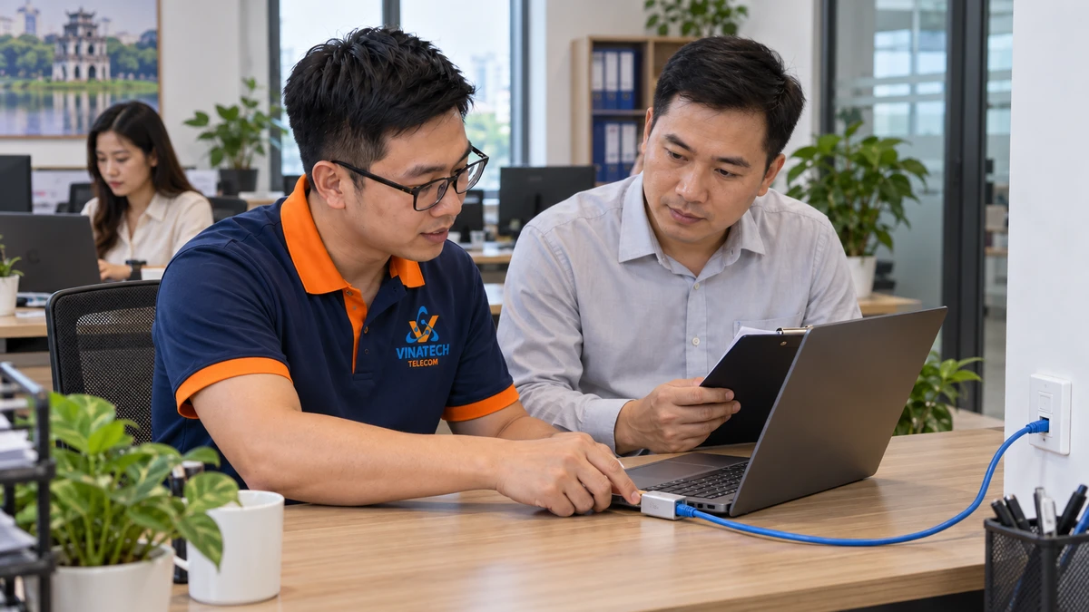 Đối chiếu kết nối Ethernet tại bàn làm việc cùng người phụ trách IT.