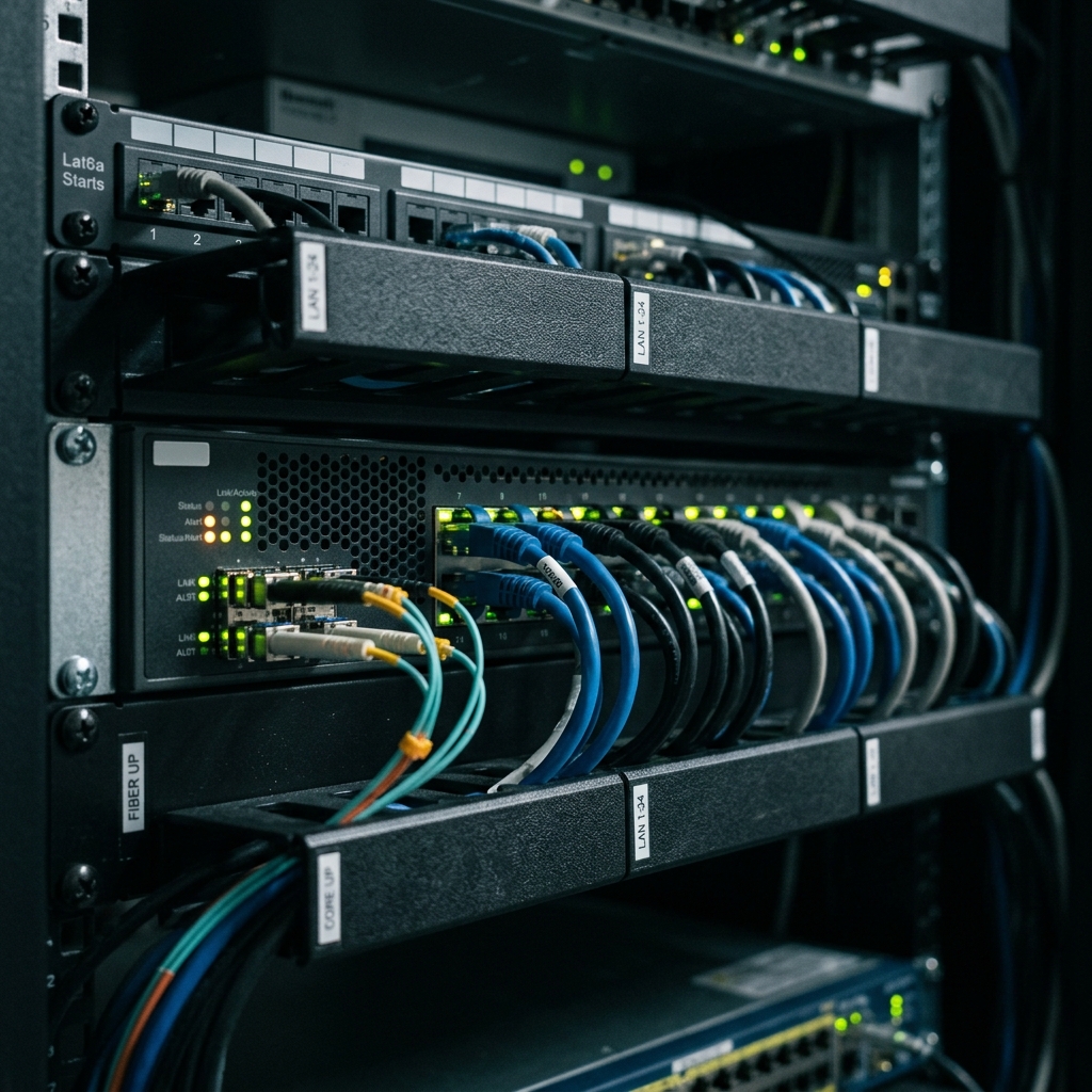 Ruijie PoE Switch connection inside technical network cabinet