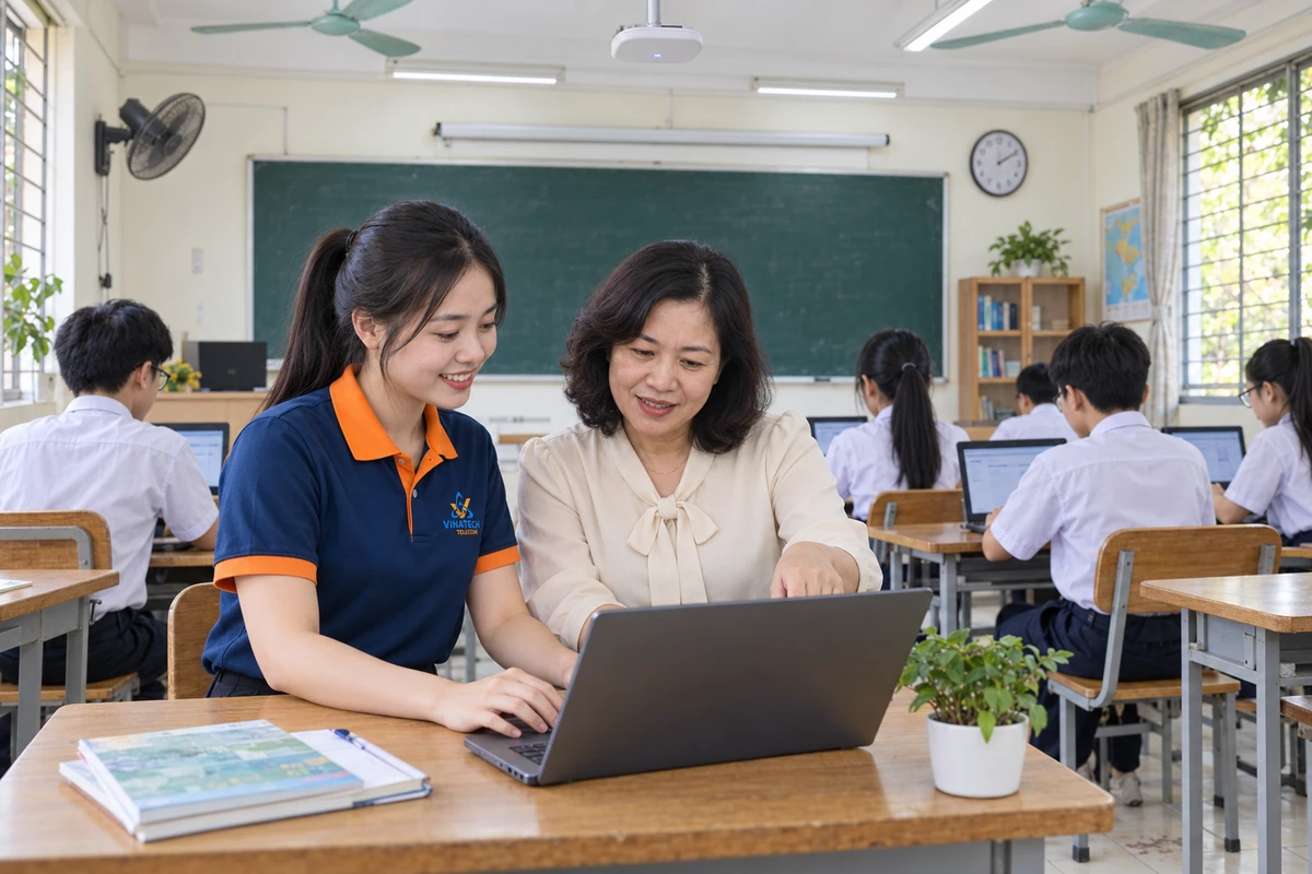 Kỹ sư Vinatech Telecom cùng giáo viên kiểm tra tác vụ học tập trong phòng học sử dụng thiết bị số.