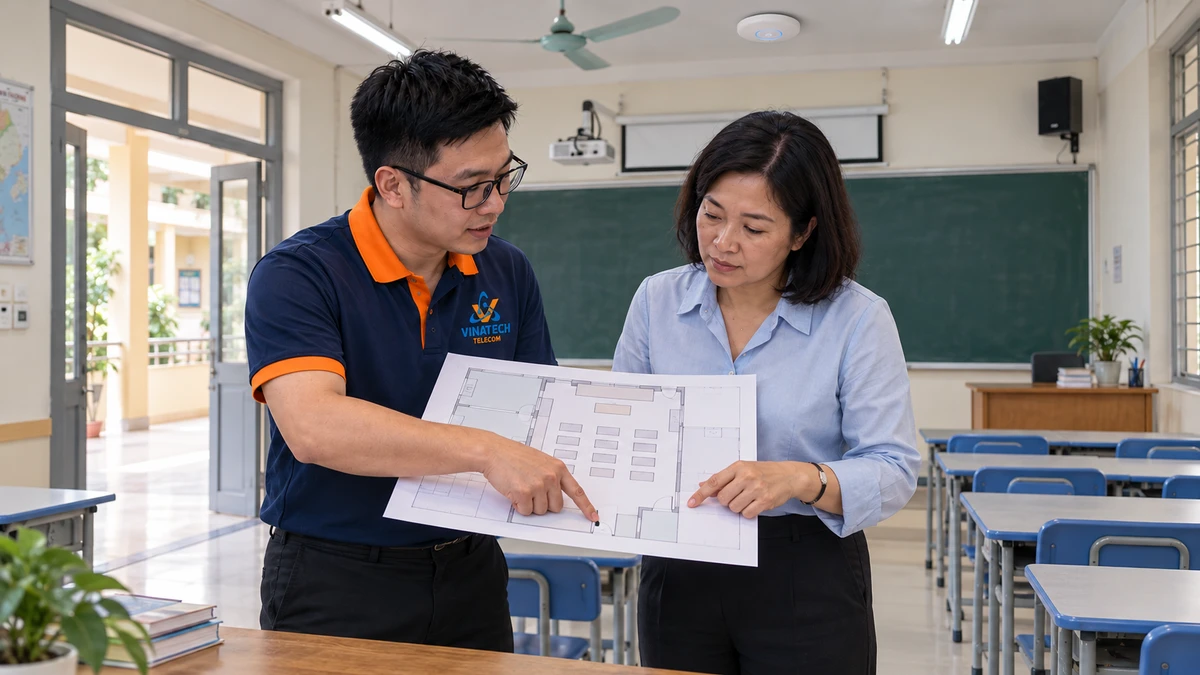 Đối chiếu vị trí WiFi và âm thanh trên mặt bằng lớp học cùng người phụ trách nhà trường.