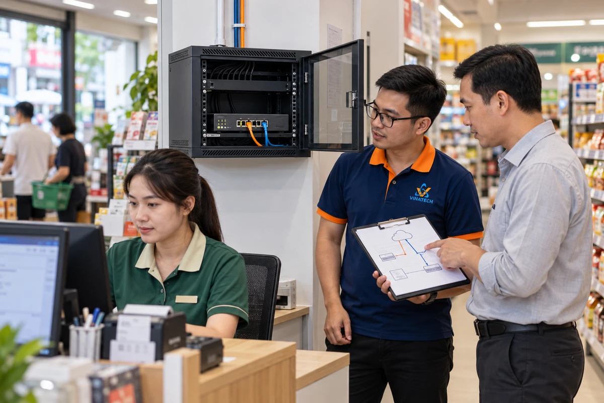 Đại diện VinaTech Telecom cùng IT kiểm tra kết nối tại chi nhánh; người quản lý đang tra cứu đơn hàng trong khu vực làm việc.