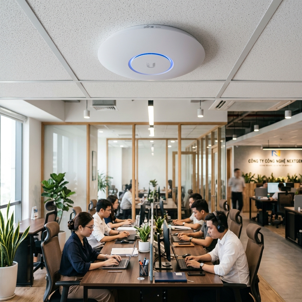 Installing Ruijie Reyee ceiling-mounted WiFi access point in office