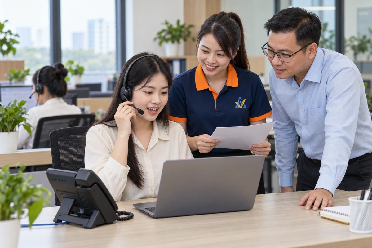 Nhân viên tiếp nhận cuộc gọi; đại diện VinaTech Telecom cùng quản lý đối chiếu quy trình chuyển đến người phụ trách.