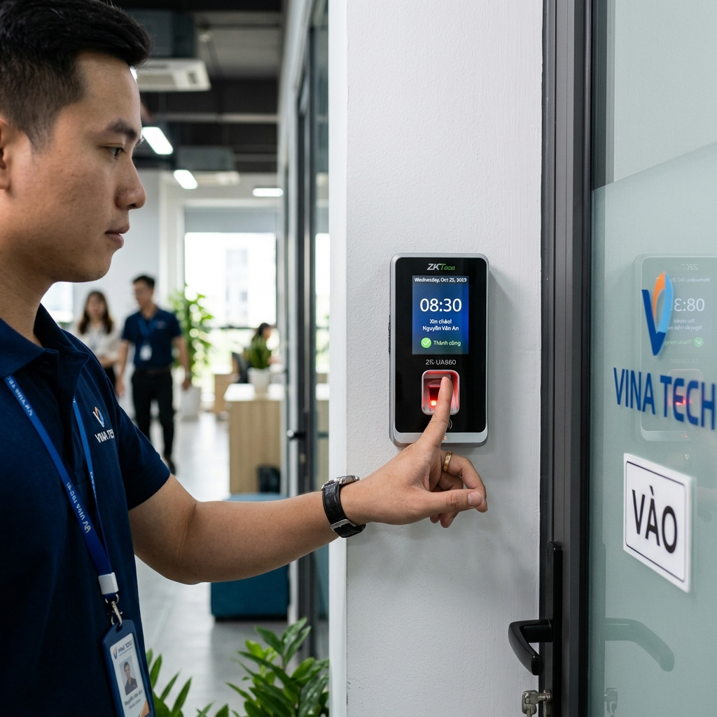 Máy chấm công vân tay ZKTeco F22 thi công thực tế tại văn phòng