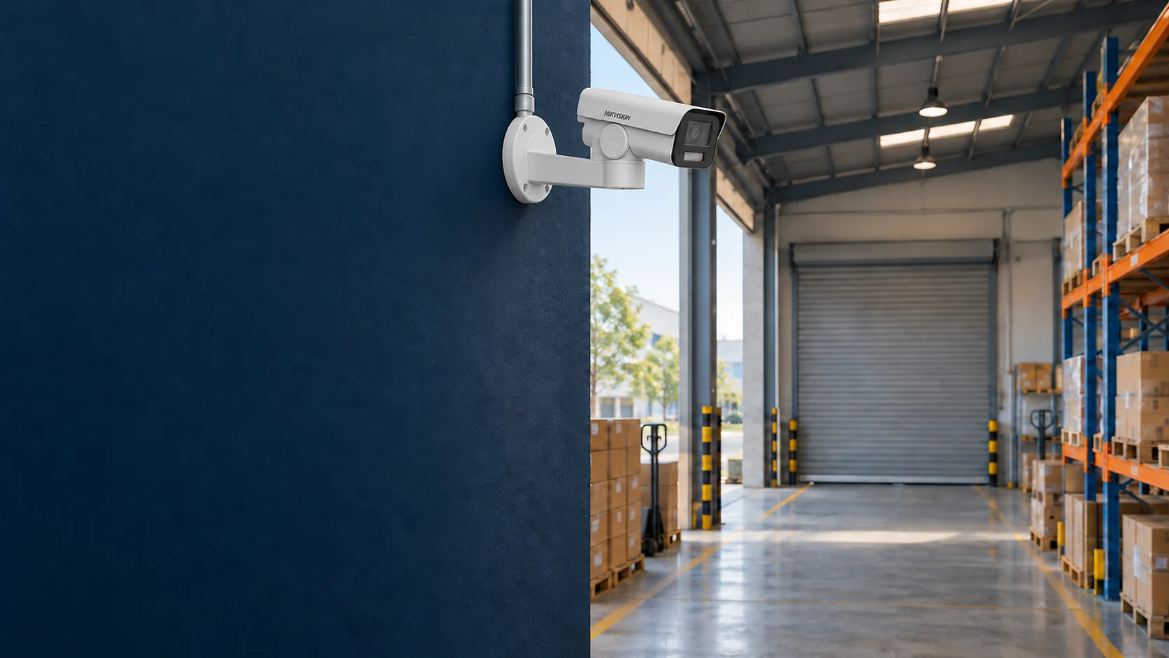 Minh họa camera Hikvision DS-2CD1P43G2-I gắn tường bằng chân quay/nghiêng, hướng vào lối đi và cửa kho.