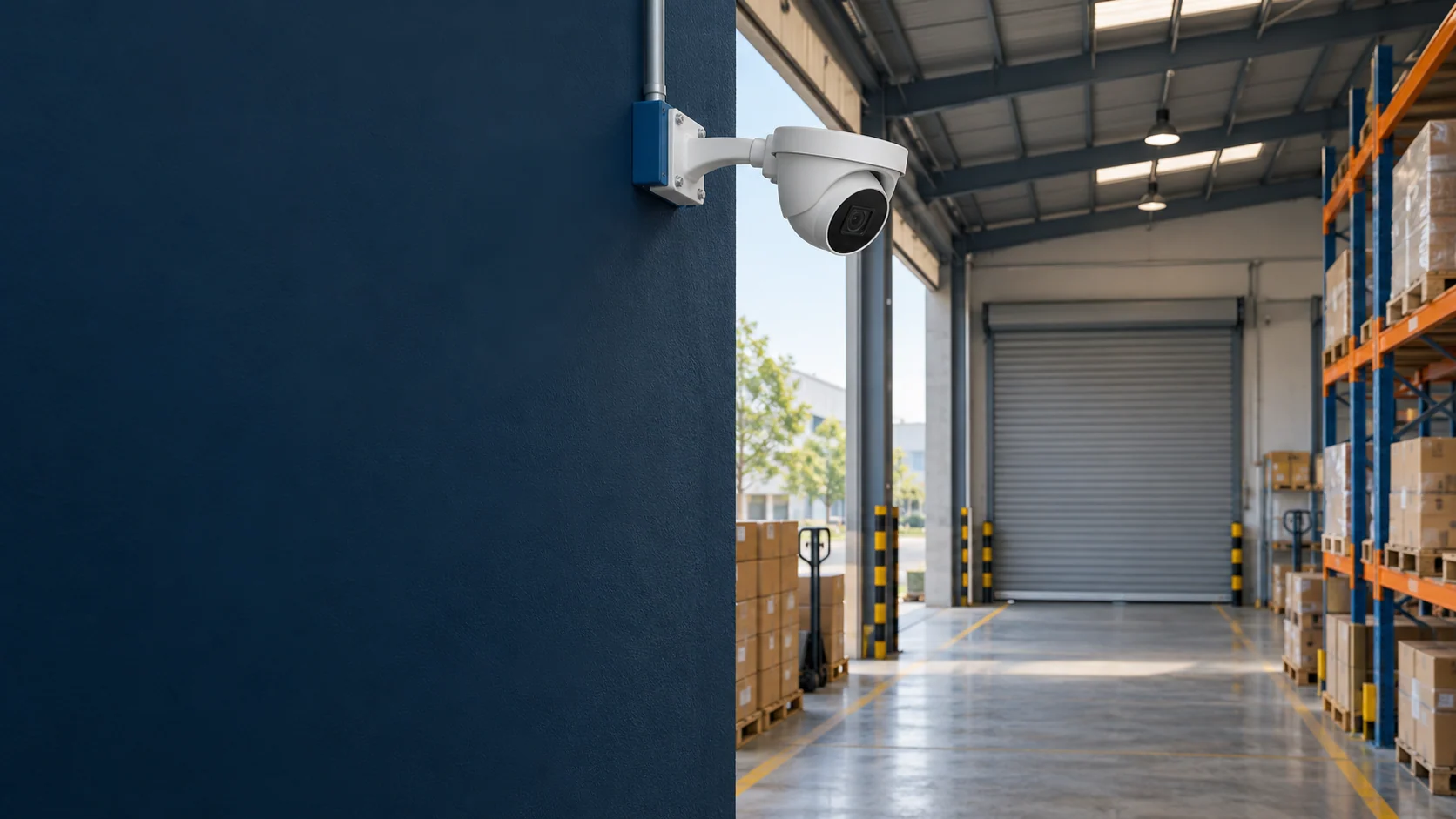 Minh họa camera được lắp trên giá đỡ, quan sát lối đi và cửa kho hàng.