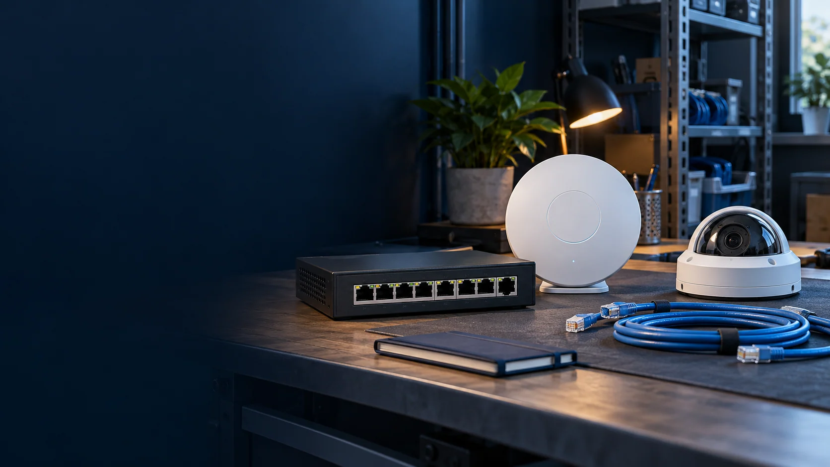 Minh họa switch mạng, điểm truy cập WiFi và camera trên bàn đánh giá thiết bị.