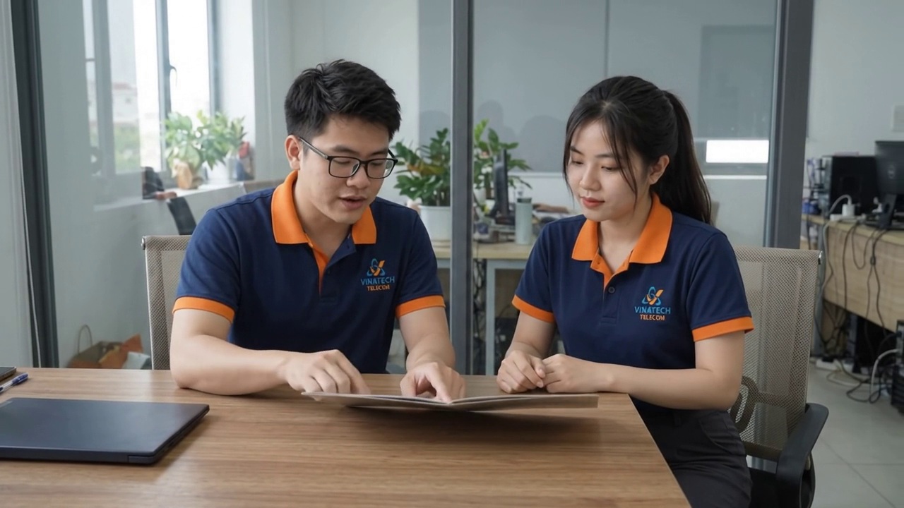 Tina và Hải Đăng trao đổi thao tác quản lý và hồ sơ bàn giao tại bàn làm việc