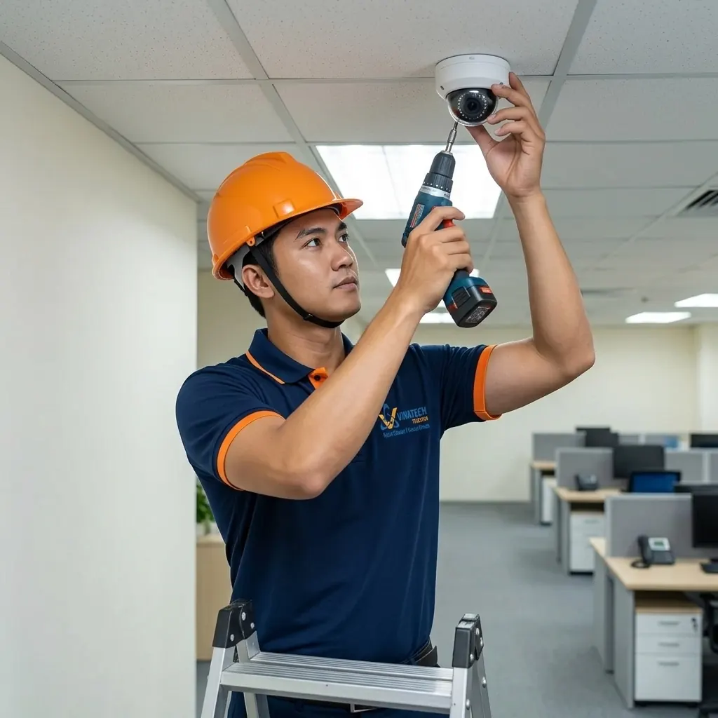 Kỹ thuật viên Vinatech Telecom thi công lắp đặt camera dome