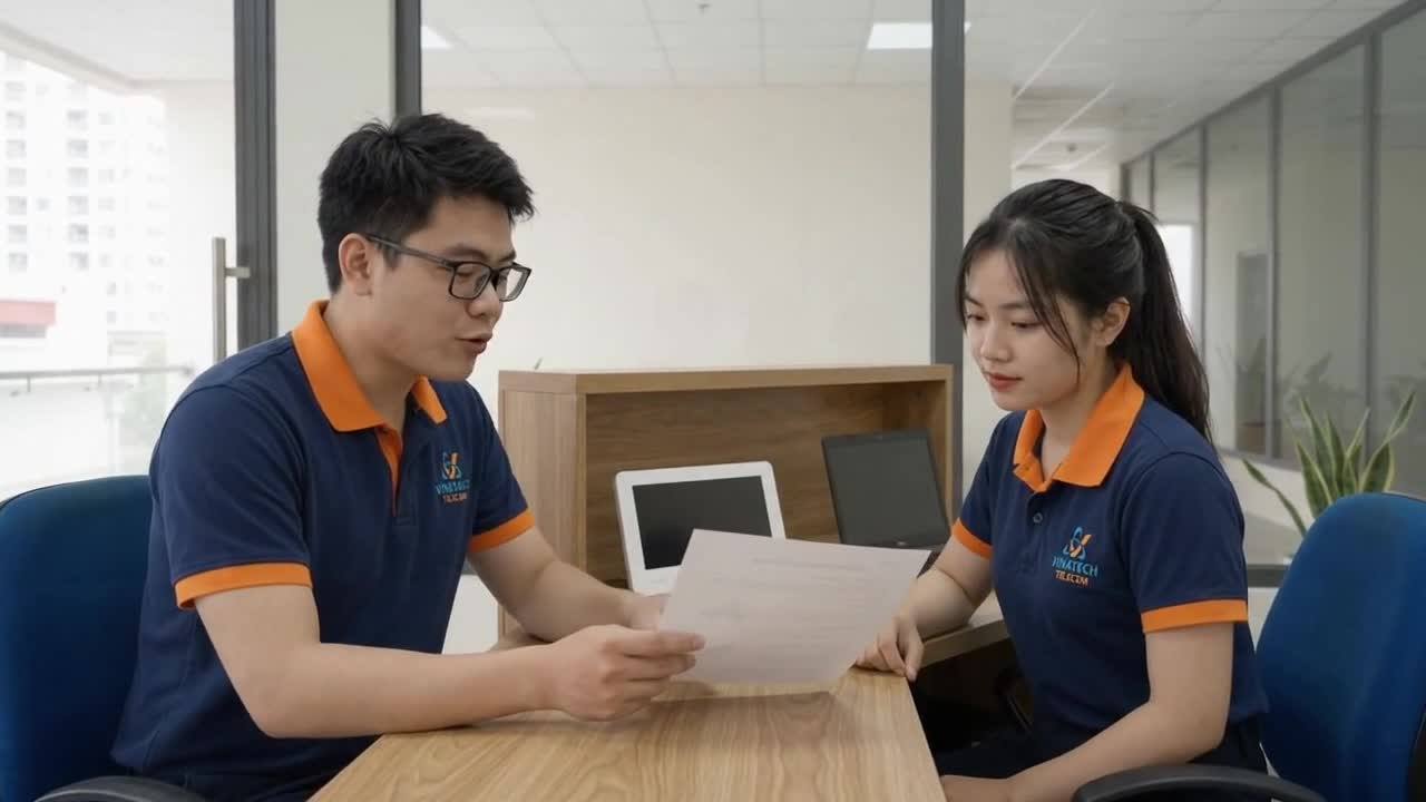 Tina và Hải Đăng trao đổi thao tác sử dụng trên màn hình