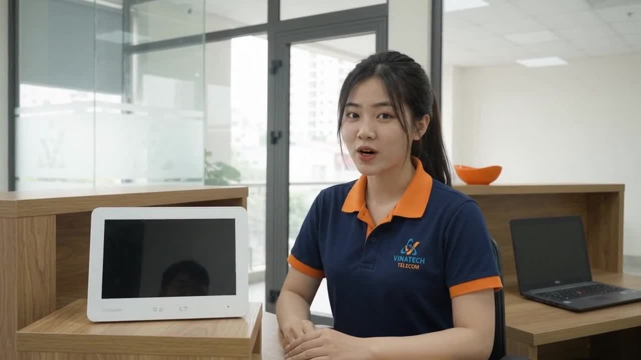 Tina trao đổi tại điểm nhận chuông văn phòng