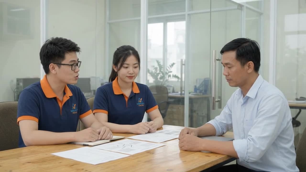 Tina, Hải Đăng và người tiếp nhận cùng xem hồ sơ tại văn phòng
