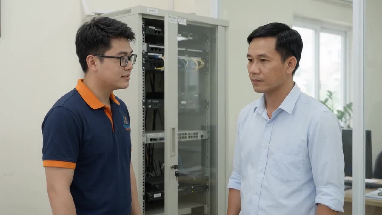 Hải Đăng và người tiếp nhận đối chiếu tại tủ mạng văn phòng