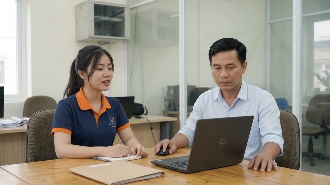 Tina trao đổi cùng người tiếp nhận tại bàn máy tính